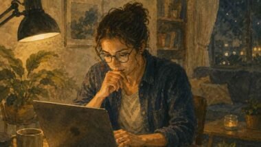 Person filtering solo travel advice on a laptop screen at home before booking a first trip.