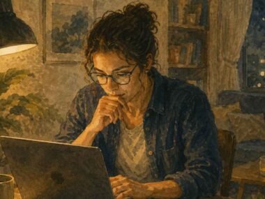 Person filtering solo travel advice on a laptop screen at home before booking a first trip.