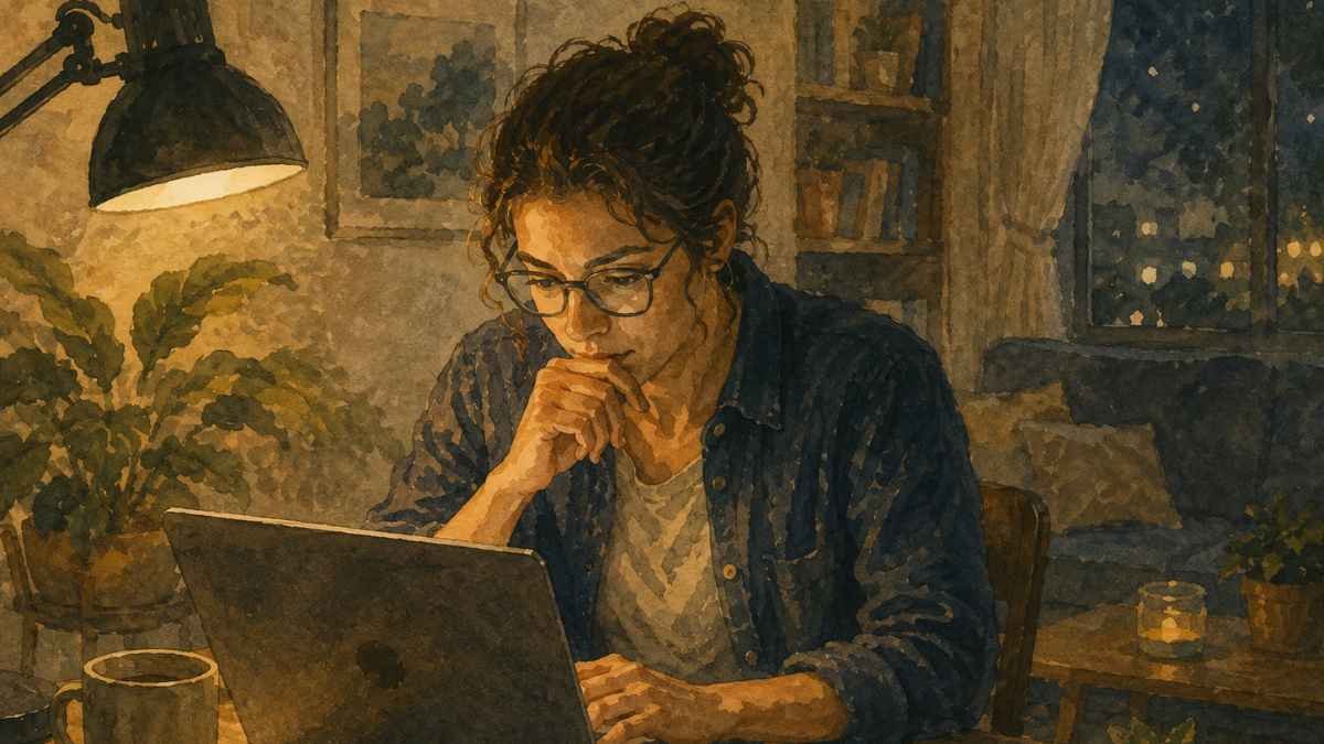 Person filtering solo travel advice on a laptop screen at home before booking a first trip.