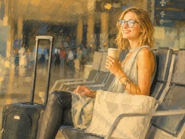 A solo travel woman looking out of the window gate while waiting for a plane departure