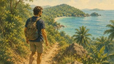 Solo traveler hiking a trail toward a scenic viewpoint on a tropical island