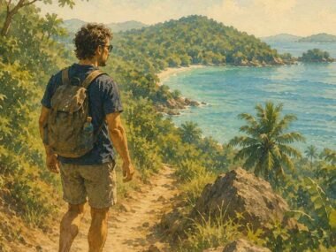 Solo traveler hiking a trail toward a scenic viewpoint on a tropical island