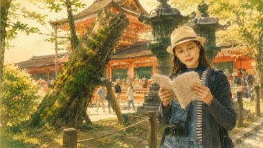 Solo traveler reviewing a trip itinerary alone at a temple