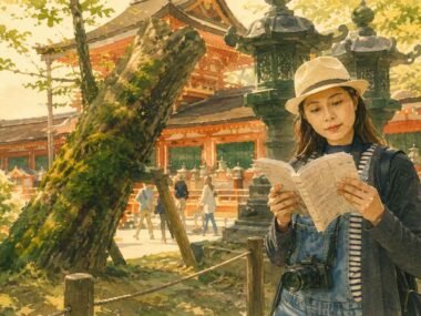 Solo traveler reviewing a trip itinerary alone at a temple