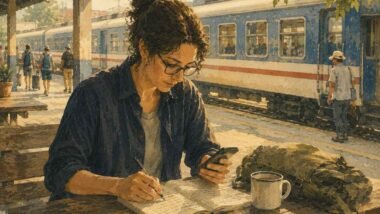 Solo traveler writing in a notebook at the train station café table — managing pre-trip anxiety with a planning system