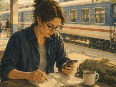 Solo traveler writing in a notebook at the train station café table — managing pre-trip anxiety with a planning system