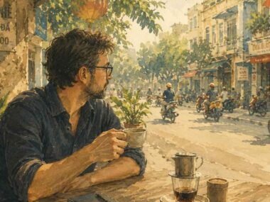 Solo traveler sitting alone at a café, looking relaxed and at ease — illustrating the benefits of traveling alone