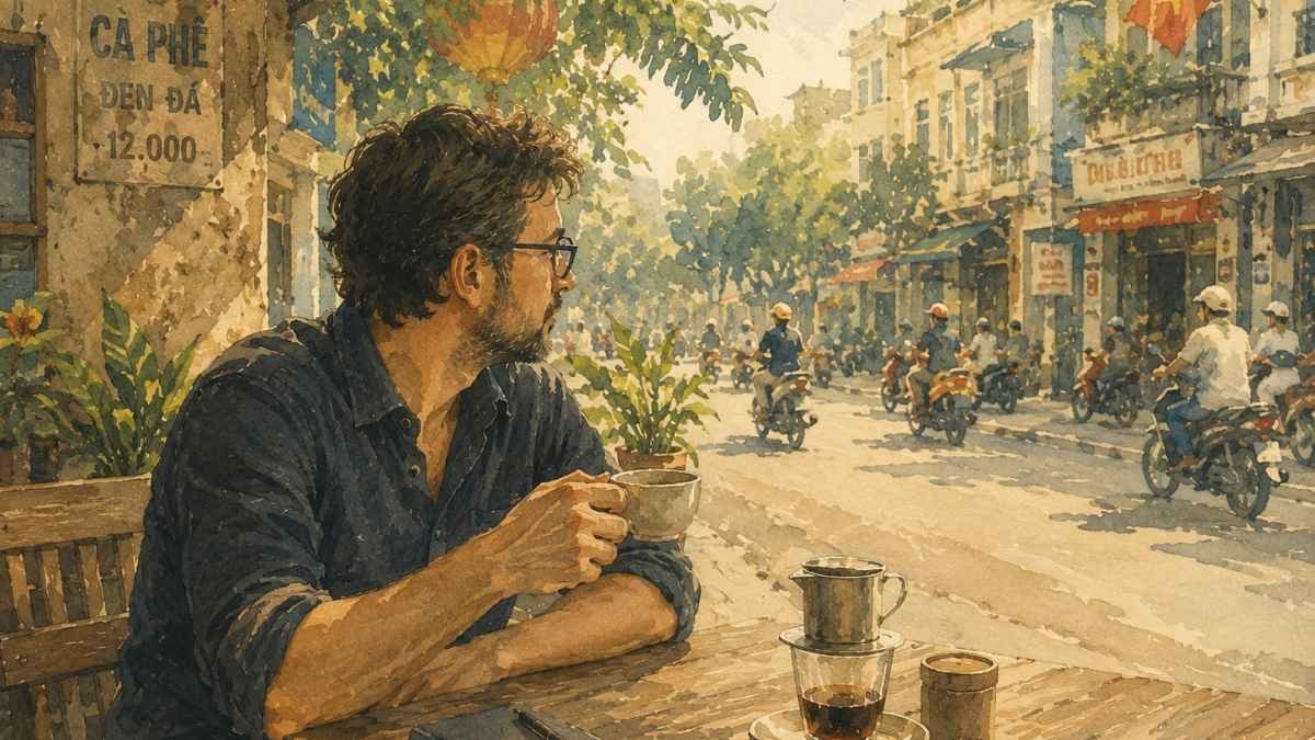 Solo traveler sitting alone at a café, looking relaxed and at ease — illustrating the benefits of traveling alone