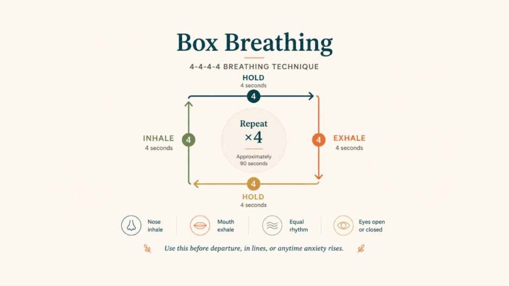 Box breathing diagram for travel anxiety: 4-count inhale, hold, exhale, hold sequence