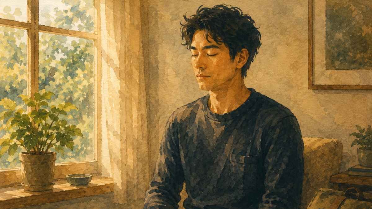Person practicing breath meditation before solo travel departure, seated with natural light