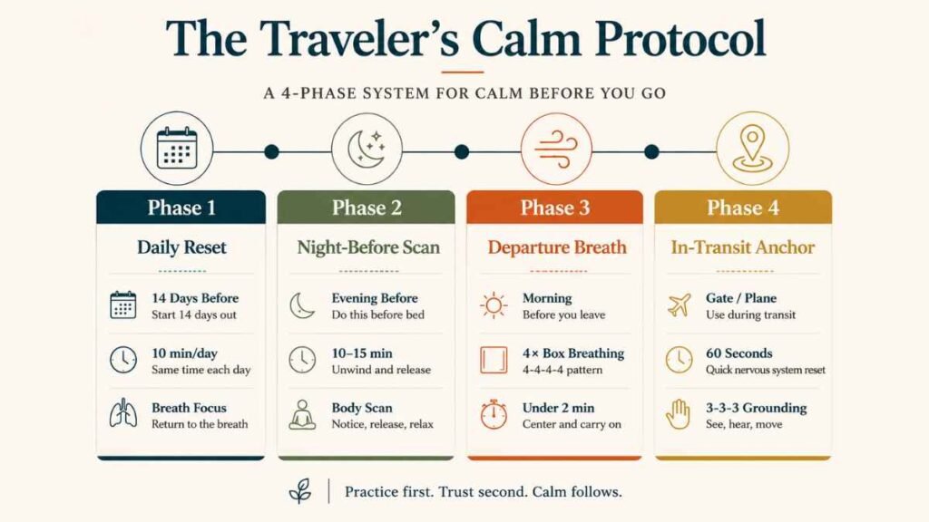 The Traveler's Calm Protocol — 4-phase meditation timeline for solo travel anxiety management