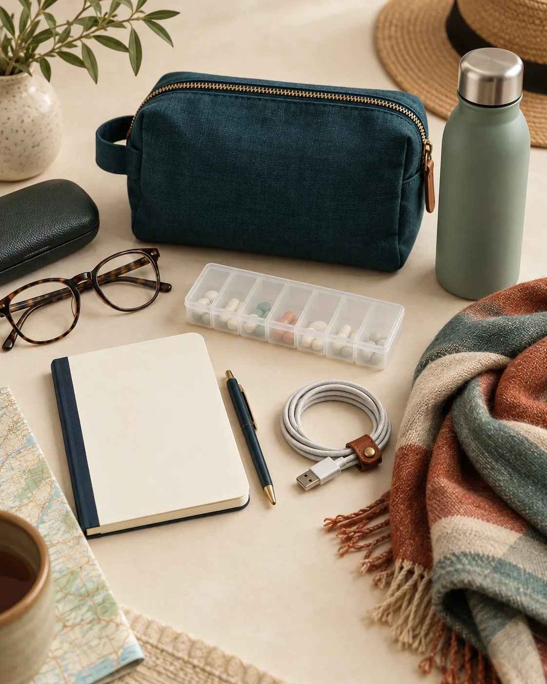 A calm travel preparation surface showing a medication summary, prescription copy, insurance card, and trusted-contact note.