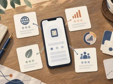 Unbranded smartphone, abstract route cards, signal cue, data cue, and four neutral selection tokens arranged for a travel eSIM fit decision.