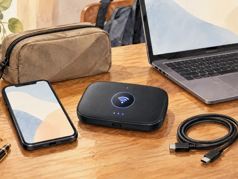 Unbranded pocket WiFi hotspot beside an abstract-screen smartphone, blank laptop, charging cable, and travel pouch.