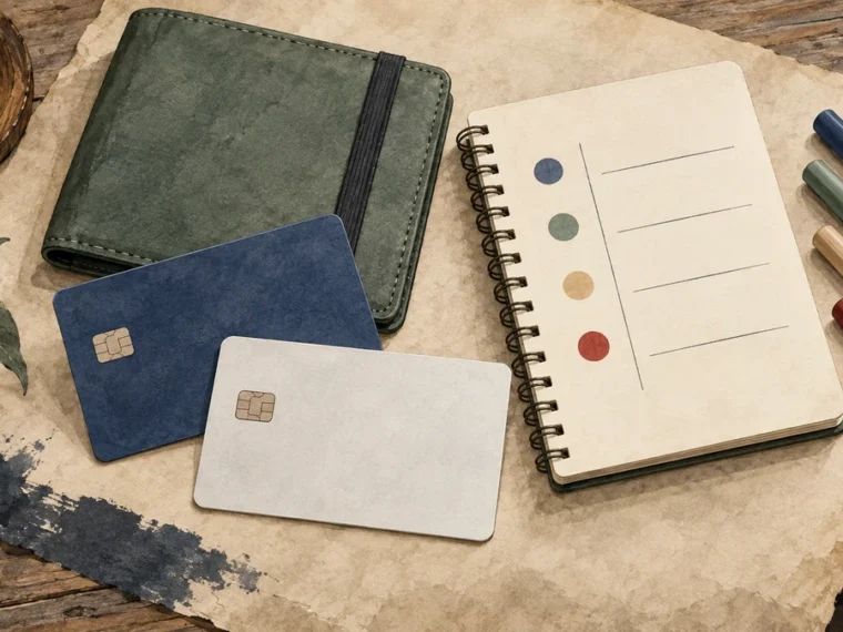 Two unbranded travel cards and a comparison notebook arranged for a payment-route decision.