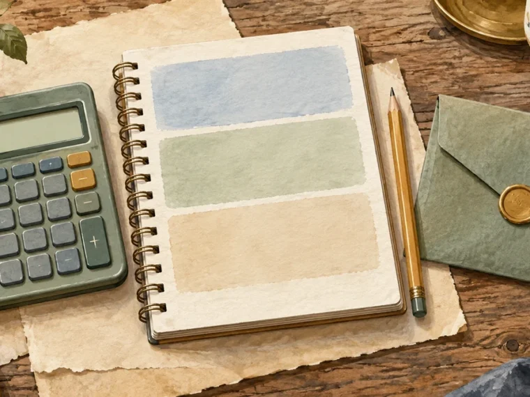 Blank travel budget calculator workspace with a calculator, scenario notebook, pencil, and reserve envelope.