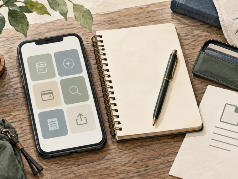 Generic travel budgeting tracker workspace with an unbranded phone, notebook, backup holder, and export sheet.