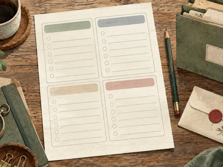 Blank reusable travel budgeting template with four sections, pencil, archive folder, and reserve envelope.