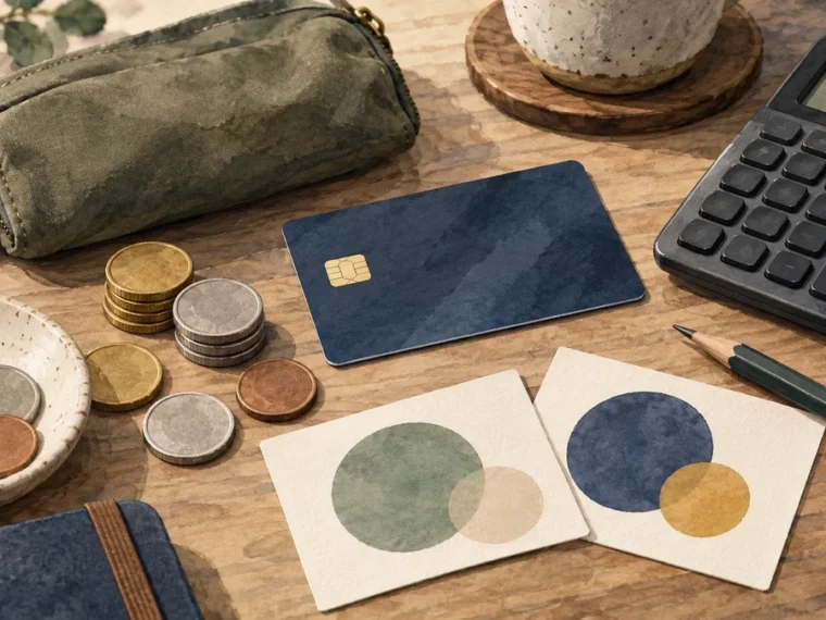 Object-led currency exchange decision workspace with blank route tokens, card, pouch, and calculator.