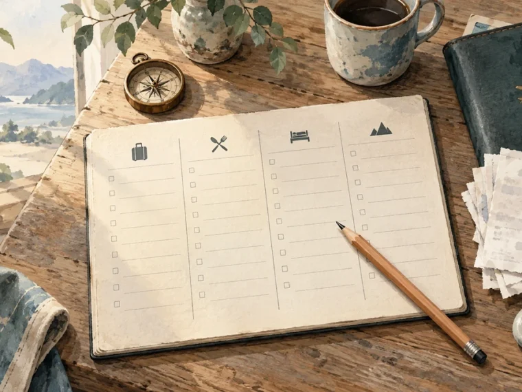 Blank travel expense ledger with a pencil, travel wallet, and receipt placeholders.