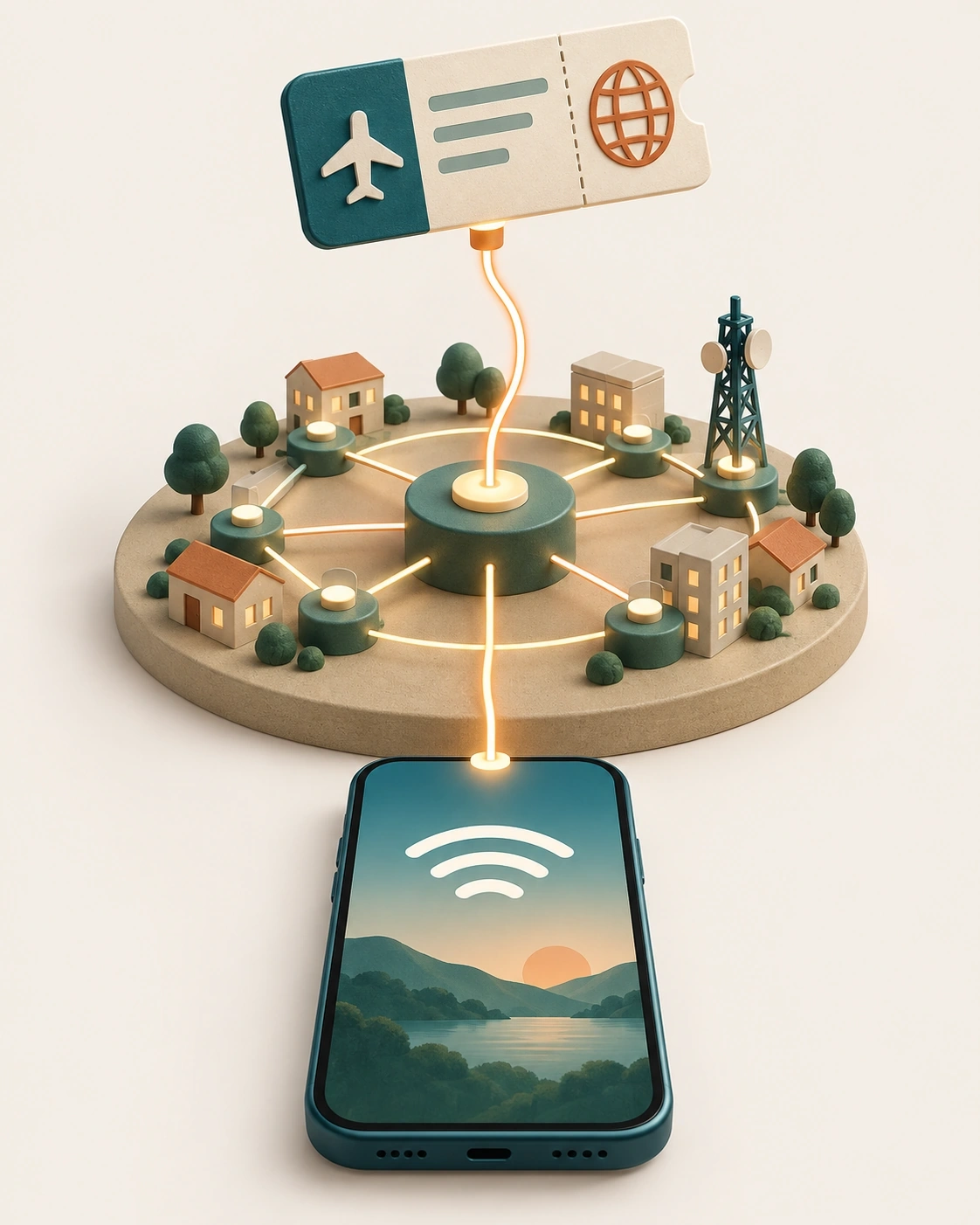 Generic travel-plan token connecting through a local-network layer to a phone.