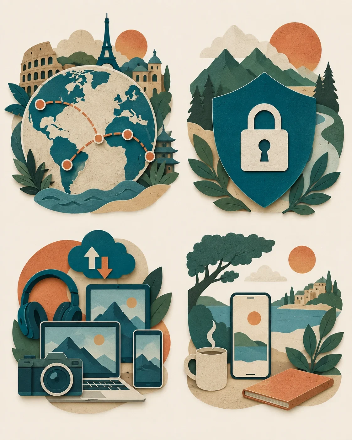 Four cut-paper fields representing wide coverage, security, heavy data and light-budget eSIM needs.