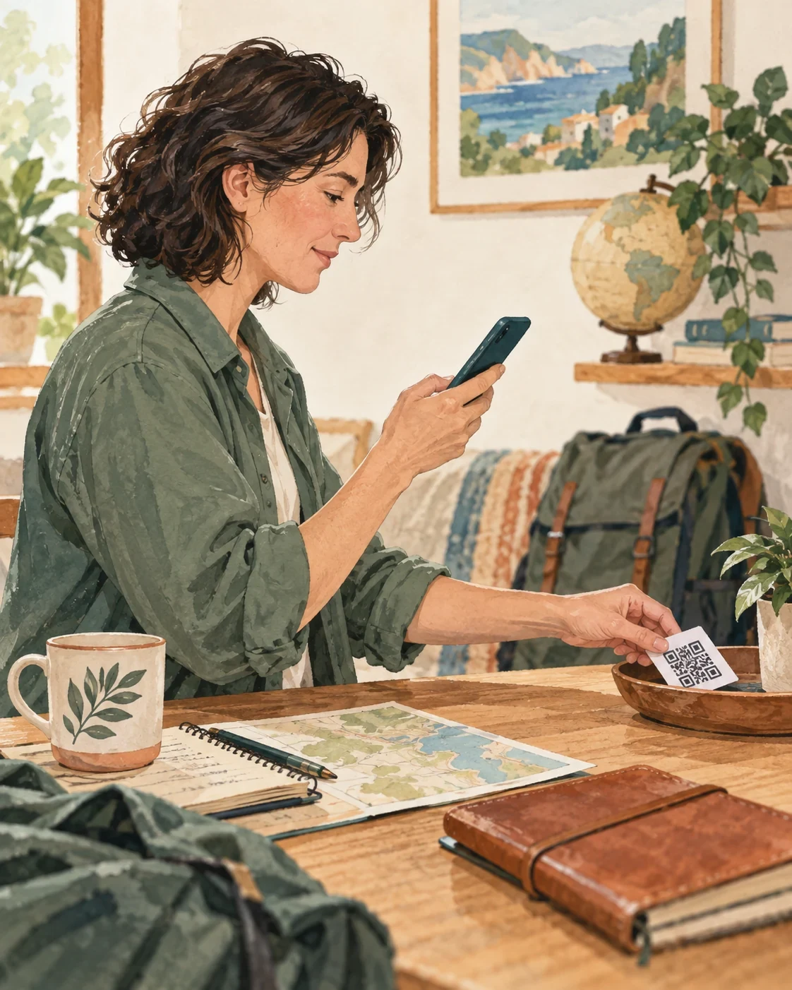 Traveler using a phone through an official generic channel while setting aside an unsolicited QR card.