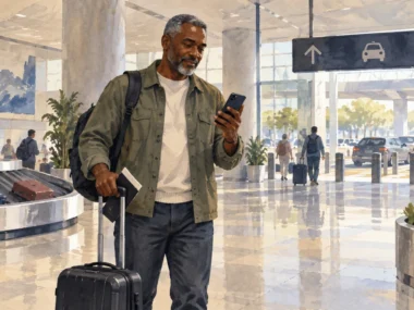 Solo traveler checks arrival information beside a carry-on in an airport concourse