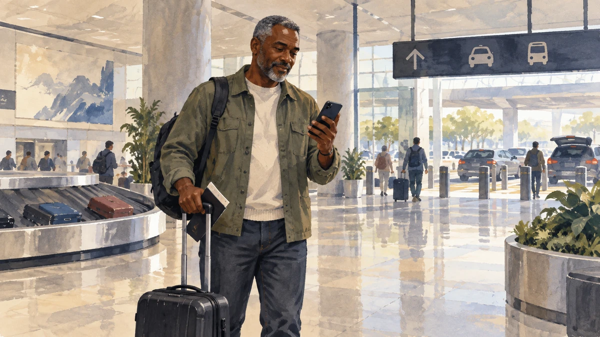 Solo traveler checks arrival information beside a carry-on in an airport concourse