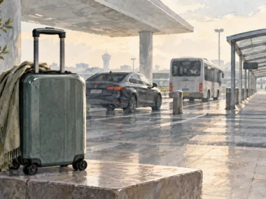 Carry-on and route choices arranged at a neutral airport pickup curb.
