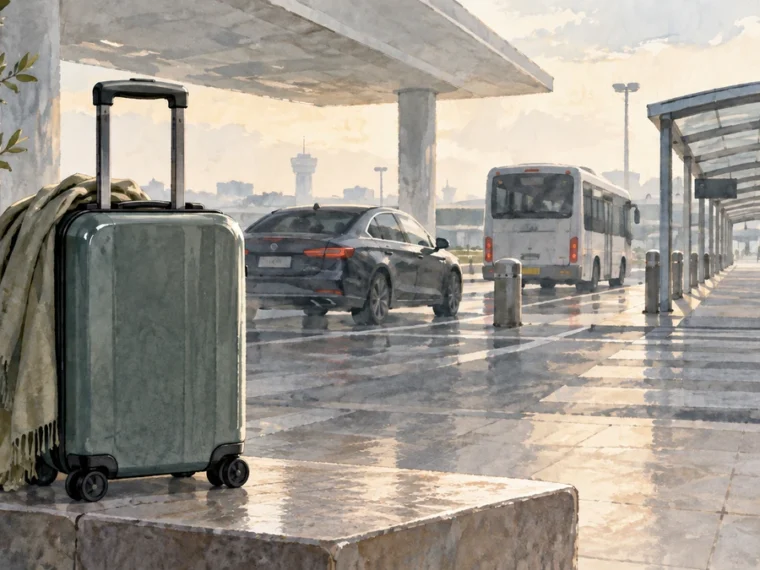 Carry-on and route choices arranged at a neutral airport pickup curb.