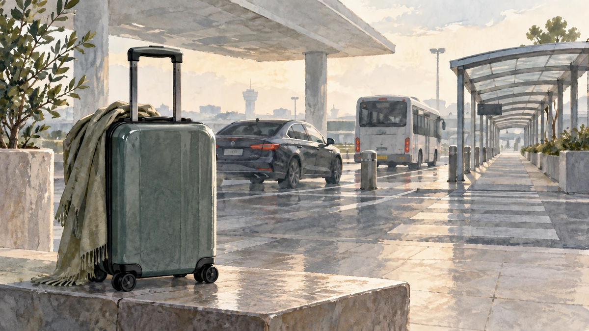 Carry-on and route choices arranged at a neutral airport pickup curb.