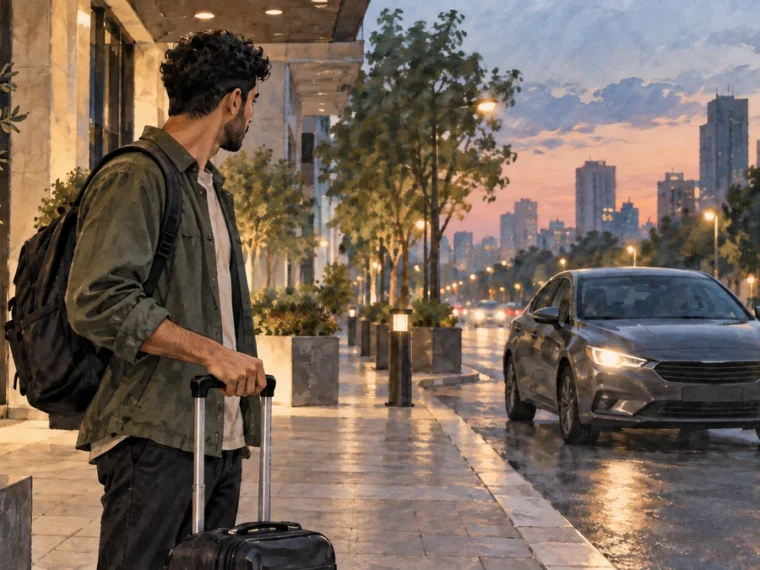 Solo traveler verifies an unbranded pickup vehicle from the curb before entering.