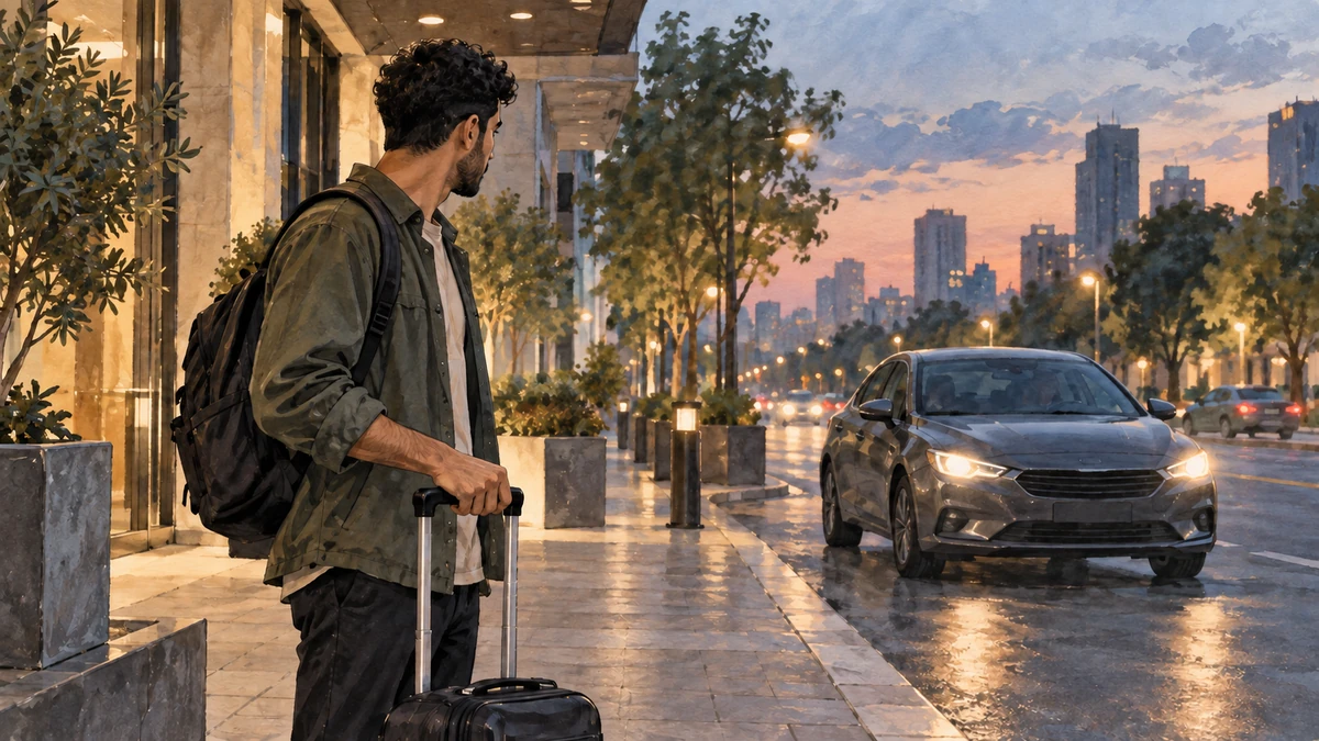 Solo traveler verifies an unbranded pickup vehicle from the curb before entering.