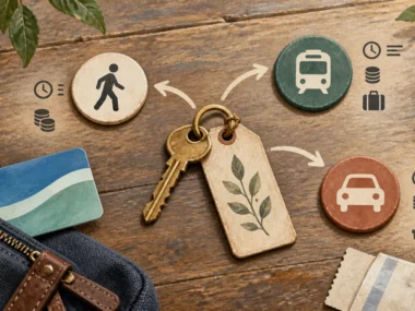 Walking, public transit, and car tokens arranged as transport choices on a travel tabletop