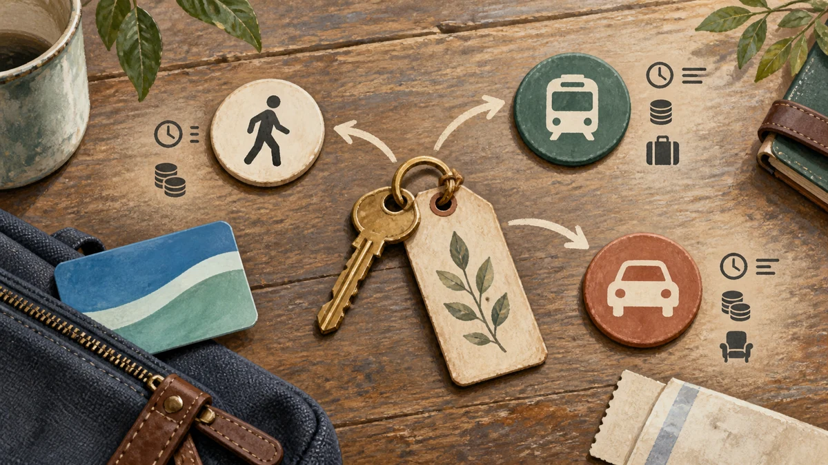 Walking, public transit, and car tokens arranged as transport choices on a travel tabletop