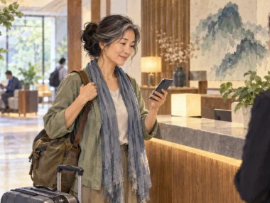 Solo traveler pauses in a staffed city location while checking how to recover a route