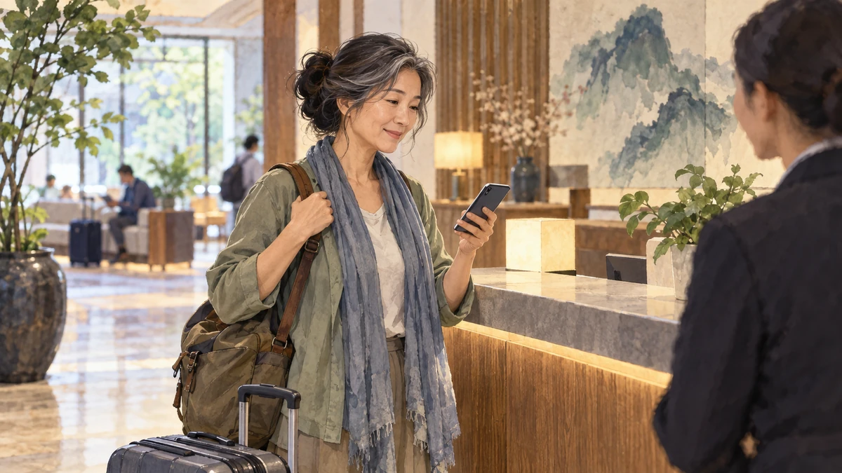 Solo traveler pauses in a staffed city location while checking how to recover a route