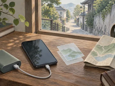 Unbranded phone, offline map cue, paper map, and power bank prepared for travel
