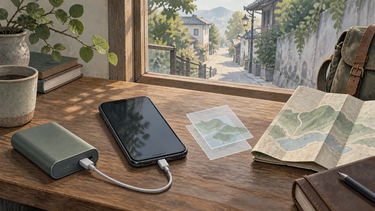 Unbranded phone, offline map cue, paper map, and power bank prepared for travel