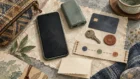 Offline fallback kit with a blank phone, power bank, backup card, key, transit token, and stitched route anchors