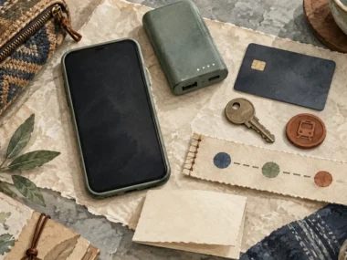 Offline fallback kit with a blank phone, power bank, backup card, key, transit token, and stitched route anchors