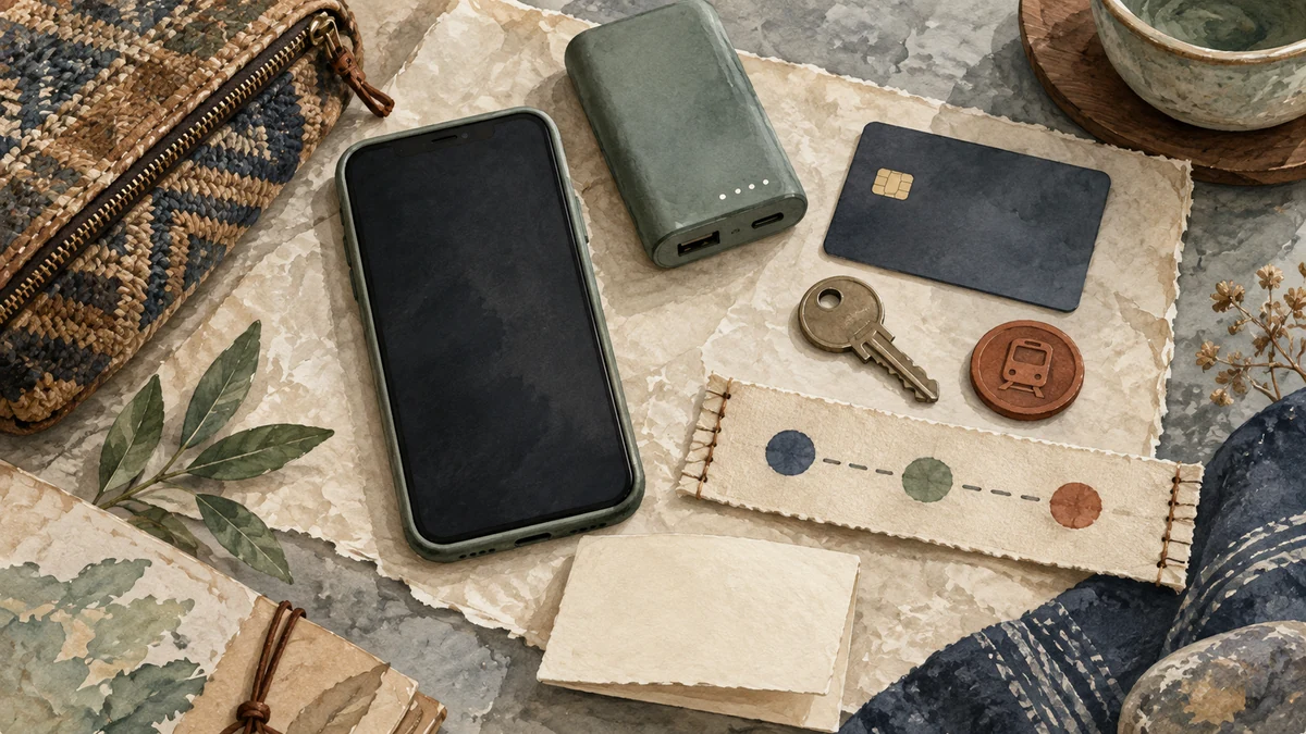 Offline fallback kit with a blank phone, power bank, backup card, key, transit token, and stitched route anchors