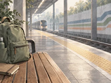 Backpack, water bottle, and route cues on a generic public-transport platform.