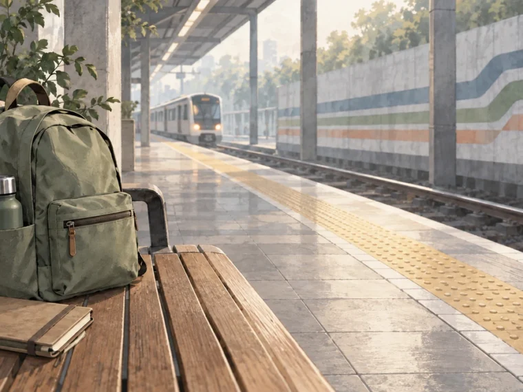 Backpack, water bottle, and route cues on a generic public-transport platform.