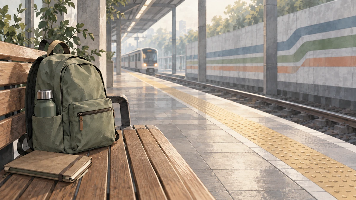 Backpack, water bottle, and route cues on a generic public-transport platform.