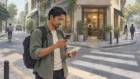 Solo traveler confirms a route at a city junction before taking the next leg