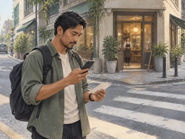 Solo traveler confirms a route at a city junction before taking the next leg