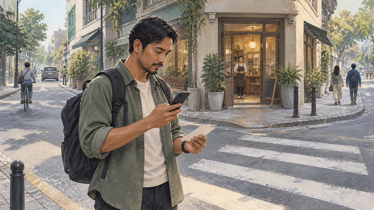 Solo traveler confirms a route at a city junction before taking the next leg