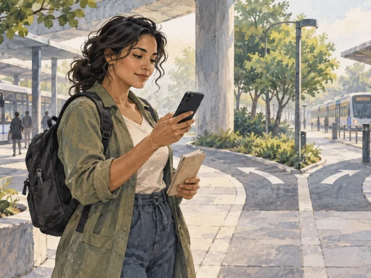 Solo traveler checks a route at a city transport interchange before choosing how to get around